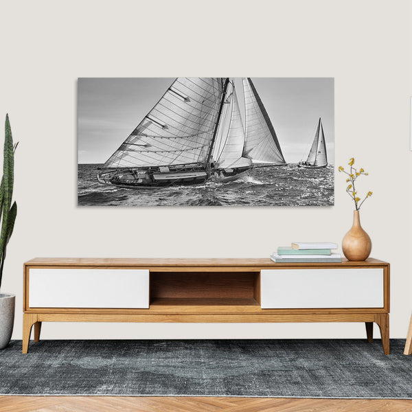 Quadro Stampa su Tela con Telaio in Legno paesaggio mare barche a vela