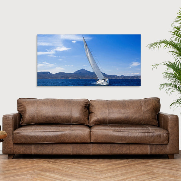 Quadro Stampa su Tela con Telaio in Legno paesaggio mare barche a vela
