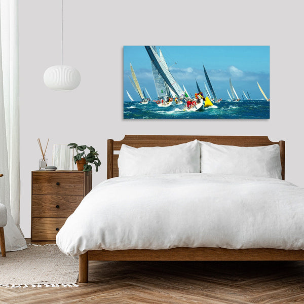 Quadro Stampa su Tela con Telaio in Legno paesaggio mare barche a vela