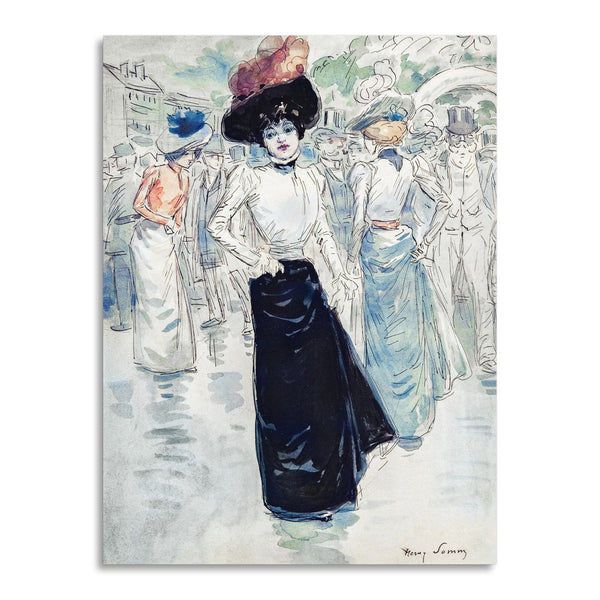Quadro Stampa su Tela con Telaio in Legno Henry Somm - A Parisienne on a Crowded Street