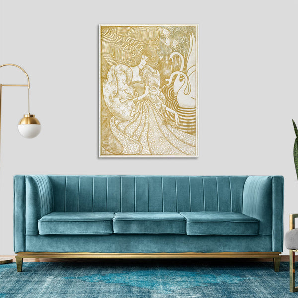 Quadro Stampa su Tela con Telaio in Legno Jan Toorop - Woman with a Butterfly at a Pond with Two Swans