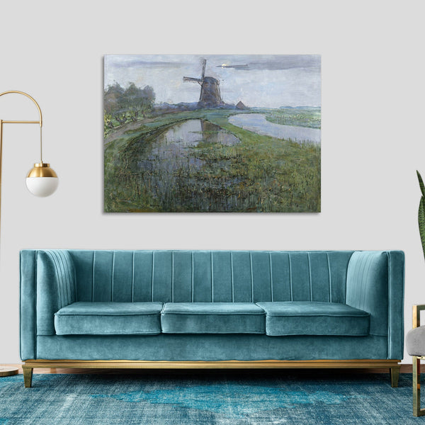 Quadro Stampa su Tela con Telaio in Legno Piet Mondrian - Oostzijdse Mill along the River Gein by Moonlight