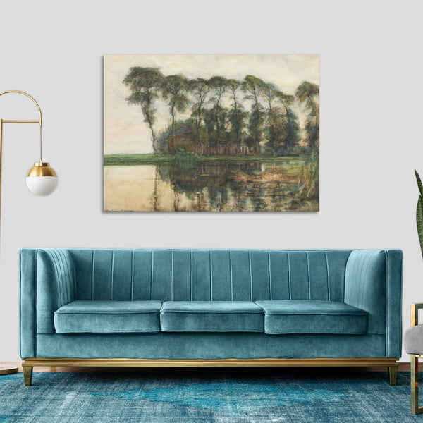 Quadro Stampa su Tela con Telaio in Legno Piet Mondrian - Farmstead along the water screened by nine tall trees