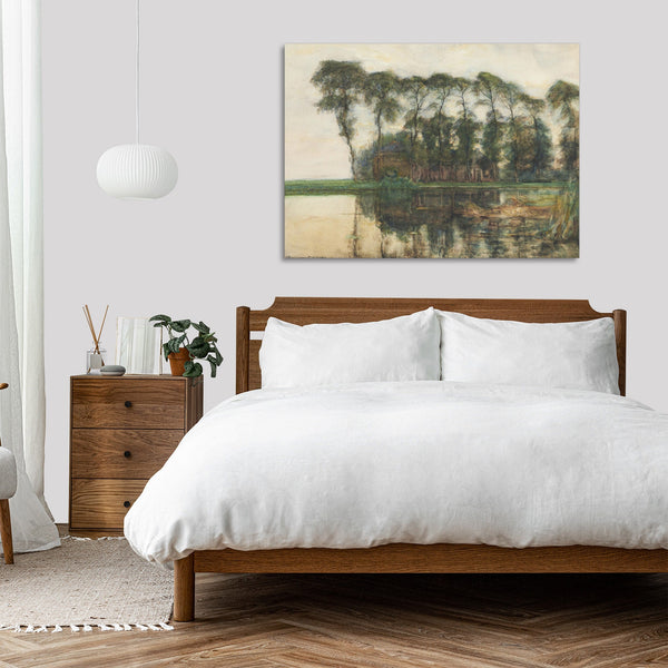 Quadro Stampa su Tela con Telaio in Legno Piet Mondrian - Farmstead along the water screened by nine tall trees