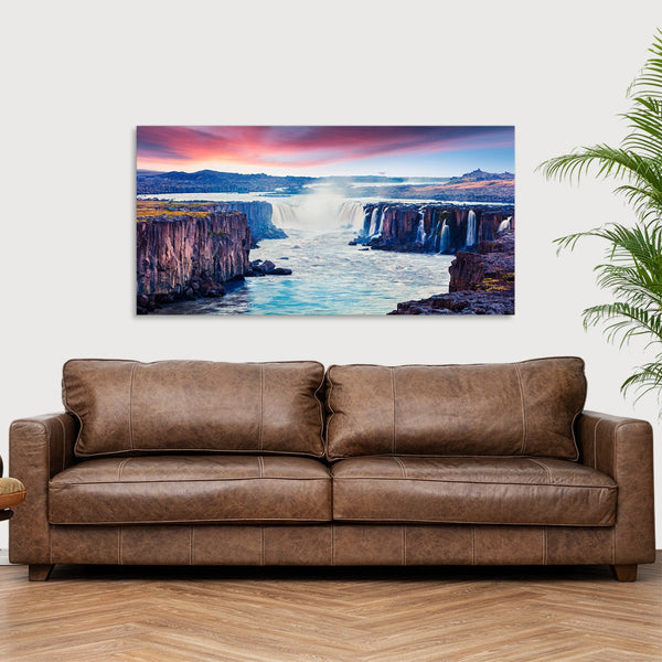 Quadro Stampa su Tela con Telaio in Legno paesaggio cascate tramonto