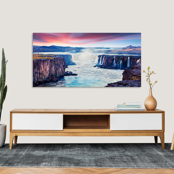 Quadro Stampa su Tela con Telaio in Legno paesaggio cascate tramonto