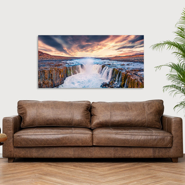 Quadro Stampa su Tela con Telaio in Legno paesaggio cascate tramonto