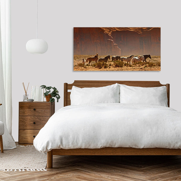Quadro Stampa su Tela con Telaio in Legno paesaggio cavalli