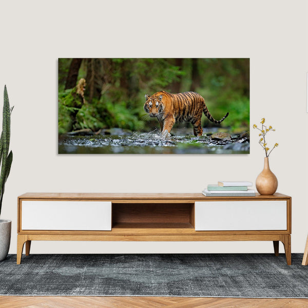 Quadro Stampa su Tela con Telaio in Legno paesaggio tigre