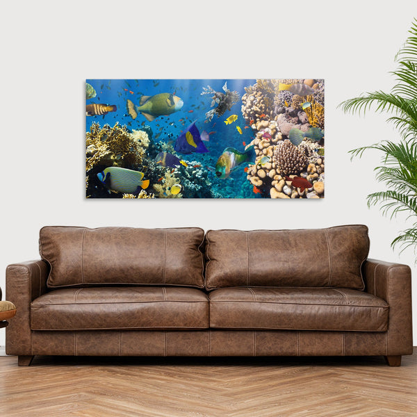Quadro Stampa su Tela con Telaio in Legno paesaggio marino pesci tropicali