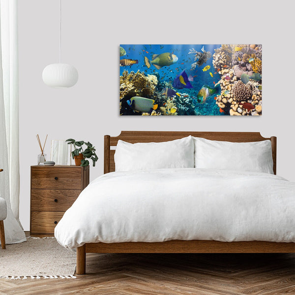 Quadro Stampa su Tela con Telaio in Legno paesaggio marino pesci tropicali