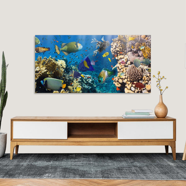 Quadro Stampa su Tela con Telaio in Legno paesaggio marino pesci tropicali