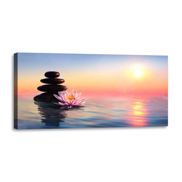 Quadro Stampa su Tela con Telaio in Legno fiori zen
