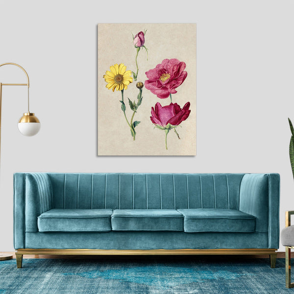 Quadro Stampa su Tela con Telaio in Legno Jacques Le Moyne de Morgues - French Roses and an Oxeye Daisy