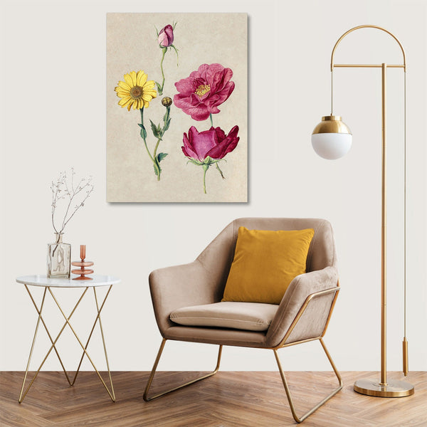 Quadro Stampa su Tela con Telaio in Legno Jacques Le Moyne de Morgues - French Roses and an Oxeye Daisy