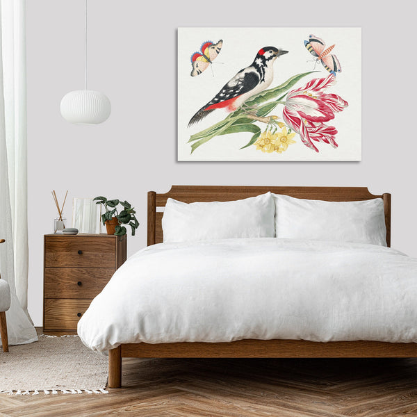 Quadro Stampa su Tela con Telaio in Legno Black and white mottled bird on tulip