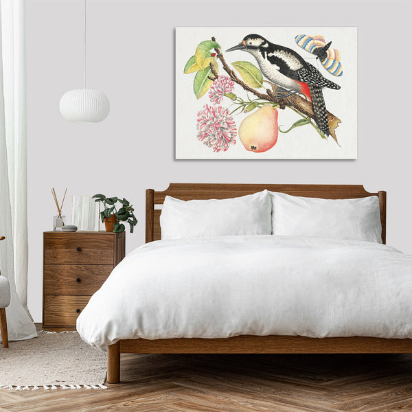 Quadro Stampa su Tela con Telaio in Legno Bird perched on a branch which bears a pear
