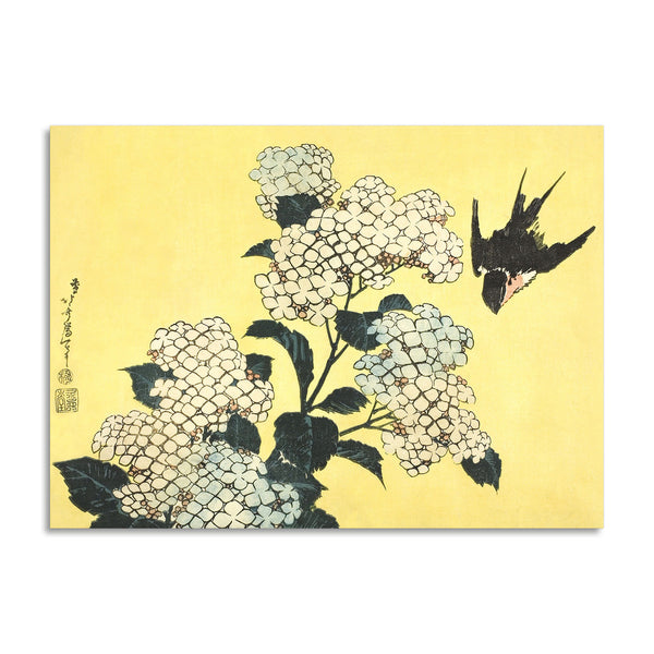 Quadro Stampa su Tela con Telaio in Legno Katsushika Hokusai - Hydrangea and Swallow