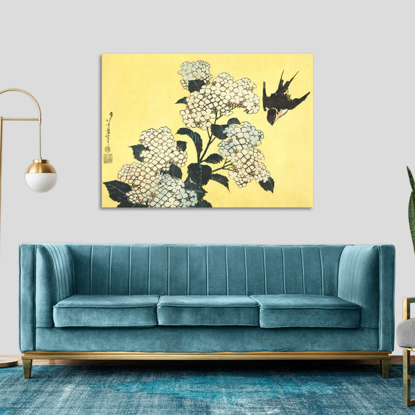 Quadro Stampa su Tela con Telaio in Legno Katsushika Hokusai - Hydrangea and Swallow