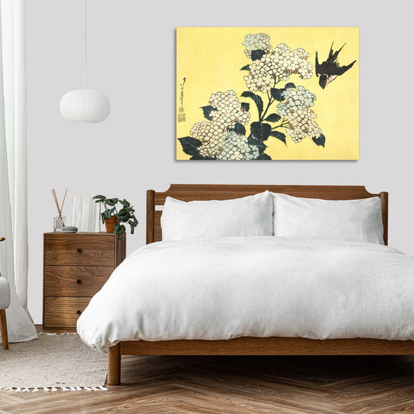 Quadro Stampa su Tela con Telaio in Legno Katsushika Hokusai - Hydrangea and Swallow