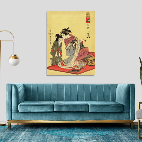 Quadro Stampa su Tela con Telaio in Legno Utamaro Kitagawa - Inu no Koku