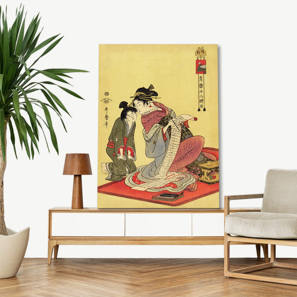 Quadro Stampa su Tela con Telaio in Legno Utamaro Kitagawa - Inu no Koku