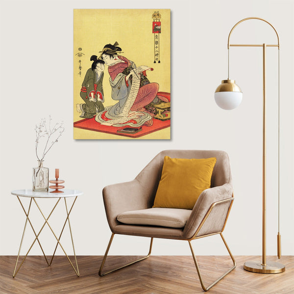 Quadro Stampa su Tela con Telaio in Legno Utamaro Kitagawa - Inu no Koku