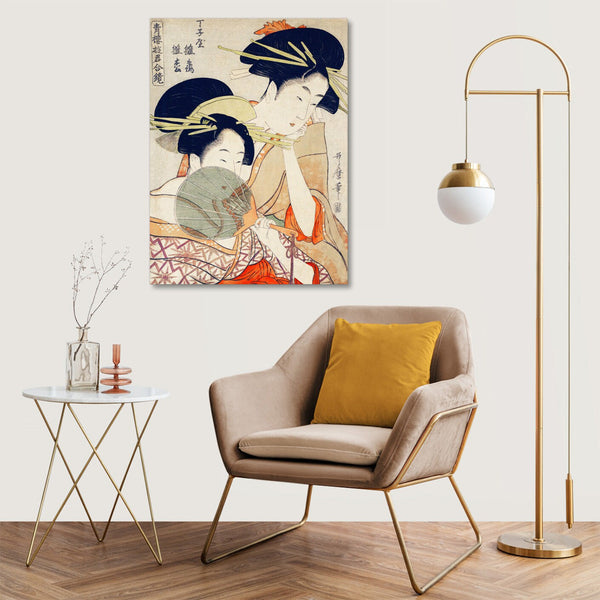Quadro Stampa su Tela con Telaio in Legno Utamaro Kitagawa - Chojiya Hinazuru Hinamatsu