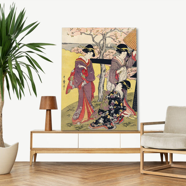Quadro Stampa su Tela con Telaio in Legno Utamaro Kitagawa - Gotenyama no Hanami Hidari