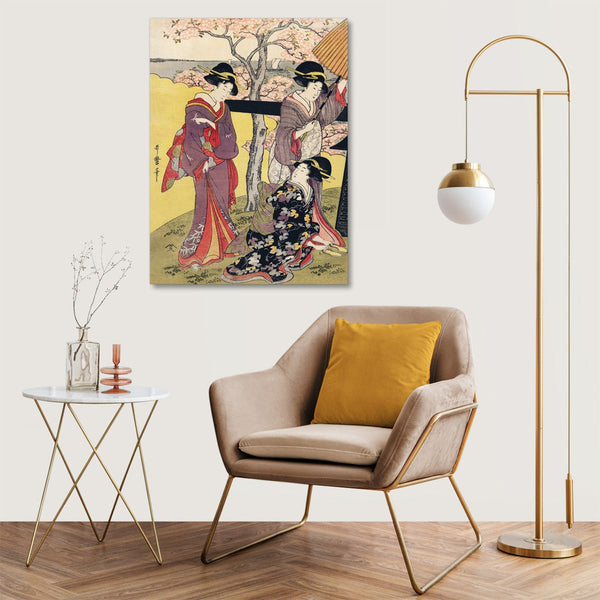 Quadro Stampa su Tela con Telaio in Legno Utamaro Kitagawa - Gotenyama no Hanami Hidari