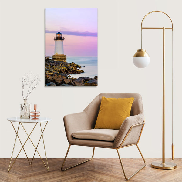 Quadro Stampa su Tela con Telaio in legno faro mare tramonto