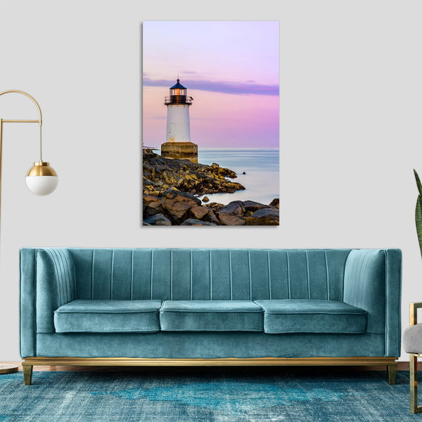 Quadro Stampa su Tela con Telaio in legno faro mare tramonto