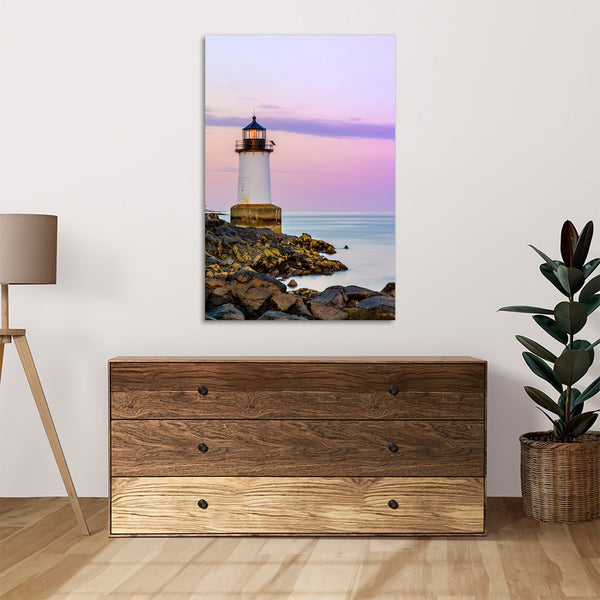Quadro Stampa su Tela con Telaio in legno faro mare tramonto