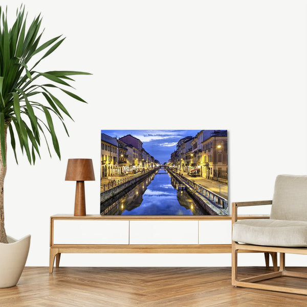 Quadro Stampa su Tela con Telaio in legno panorama milano navigli