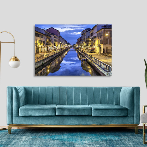 Quadro Stampa su Tela con Telaio in legno panorama milano navigli