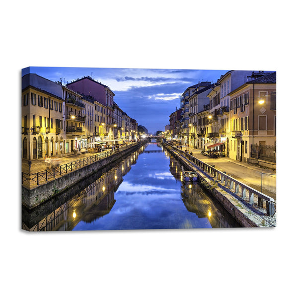 Quadro Stampa su Tela con Telaio in legno panorama milano navigli