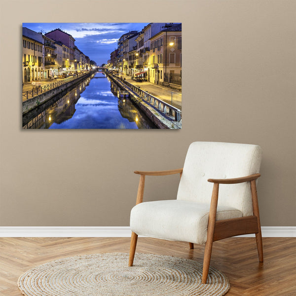 Quadro Stampa su Tela con Telaio in legno panorama milano navigli