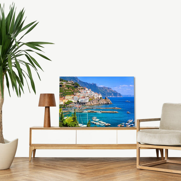 Quadro Stampa su Tela con Telaio in legno panorama costiera amalfitana