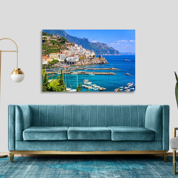 Quadro Stampa su Tela con Telaio in legno panorama costiera amalfitana