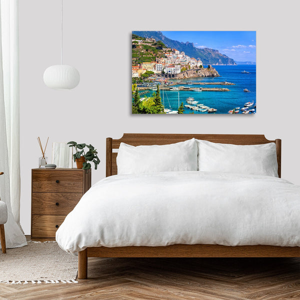 Quadro Stampa su Tela con Telaio in legno panorama costiera amalfitana