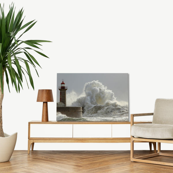Quadro Stampa su Tela con Telaio in legno panorama mare faro tempesta