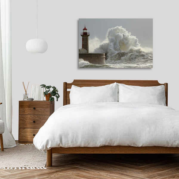 Quadro Stampa su Tela con Telaio in legno panorama mare faro tempesta
