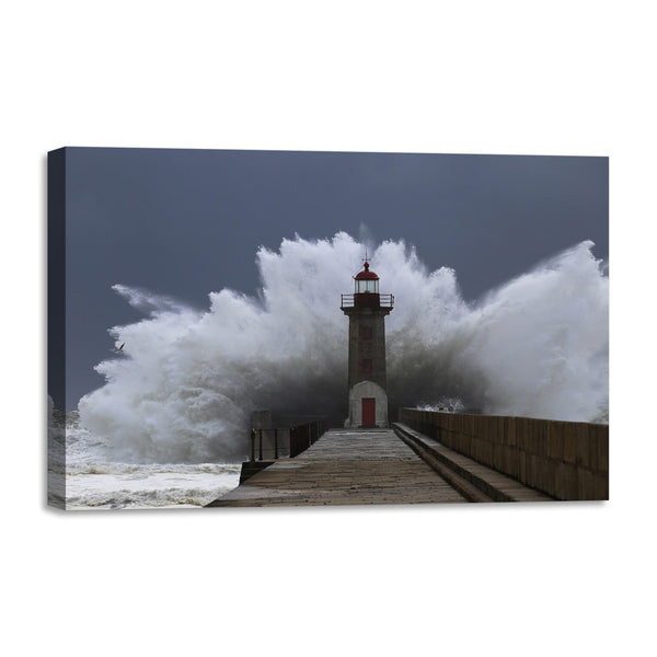 Quadro Stampa su Tela con Telaio in legno panorama mare faro tempesta