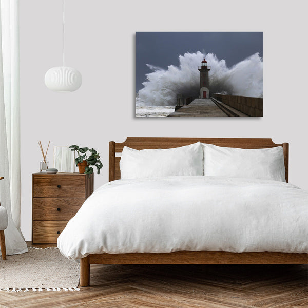 Quadro Stampa su Tela con Telaio in legno panorama mare faro tempesta
