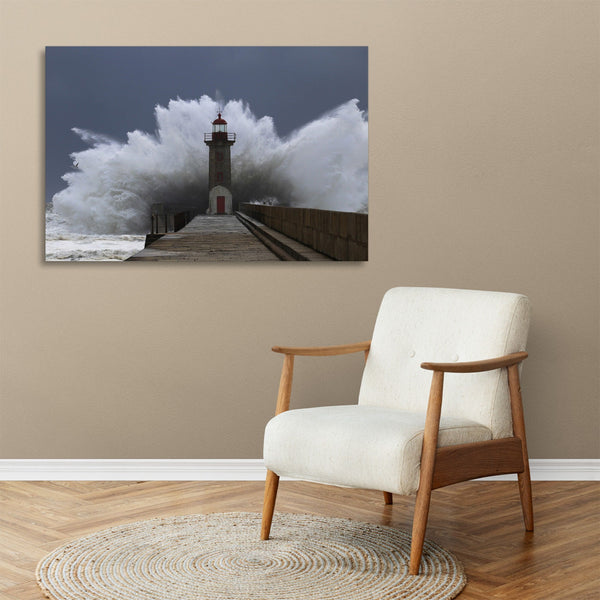 Quadro Stampa su Tela con Telaio in legno panorama mare faro tempesta