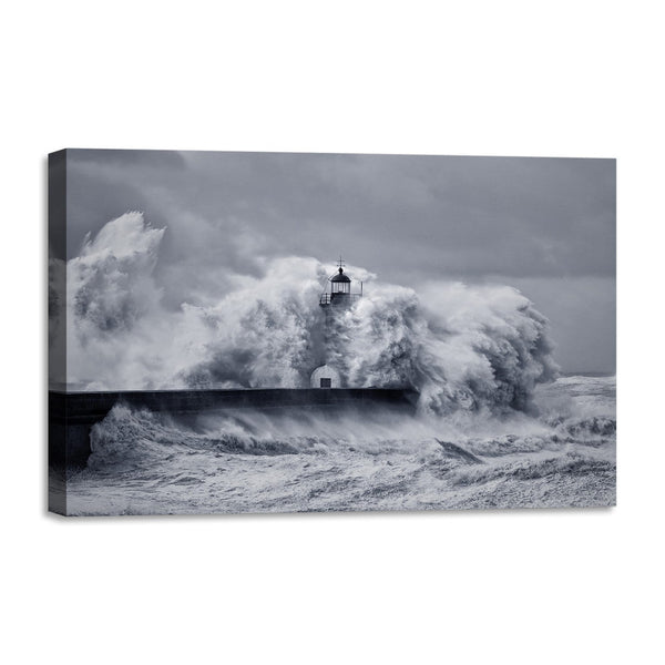 Quadro Stampa su Tela con Telaio in legno panorama mare faro tempesta