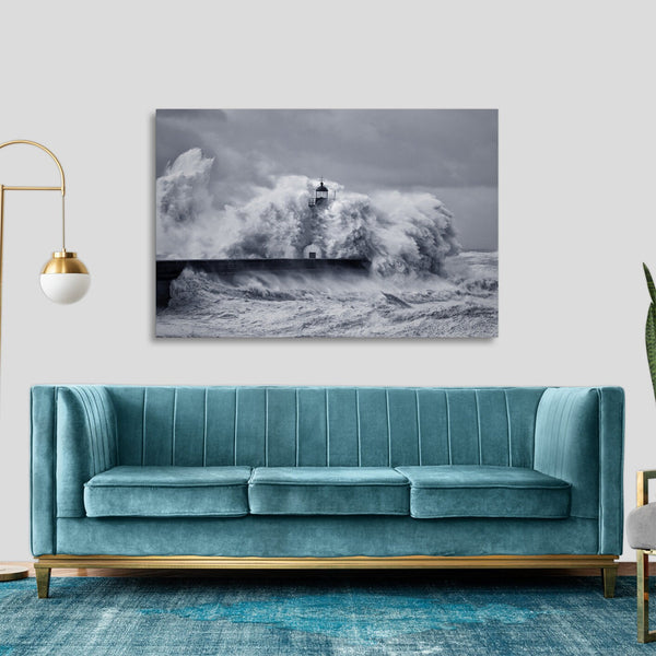 Quadro Stampa su Tela con Telaio in legno panorama mare faro tempesta