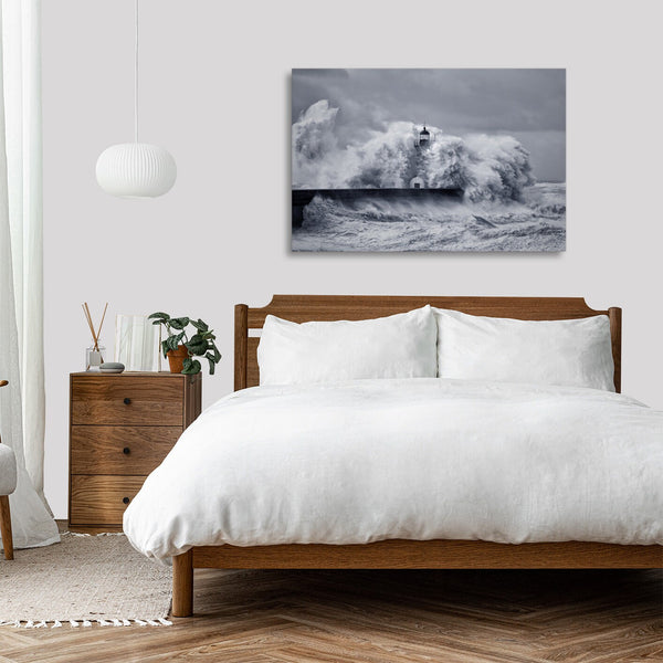 Quadro Stampa su Tela con Telaio in legno panorama mare faro tempesta