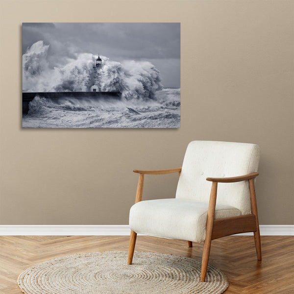 Quadro Stampa su Tela con Telaio in legno panorama mare faro tempesta