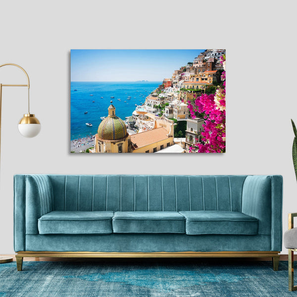 Quadro Stampa su Tela con Telaio in legno panorama costiera amalfitana
